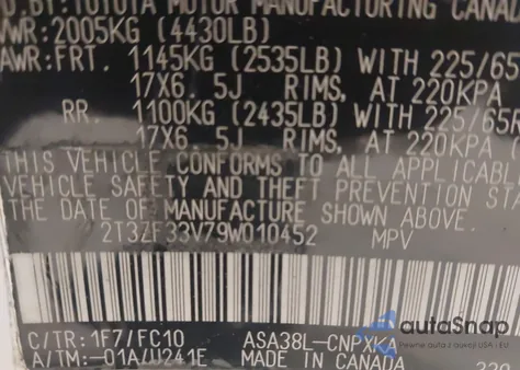 2009 Toyota Rav4 z USA, uszkodzony, nr VIN 2T3ZF33V79W010452